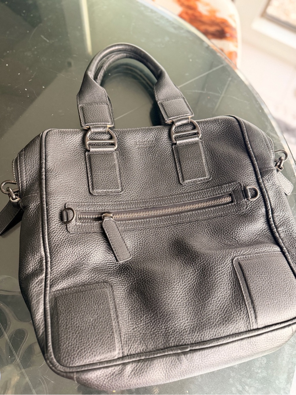 Black Pebbled Leather Messenger Bag with Top Handles